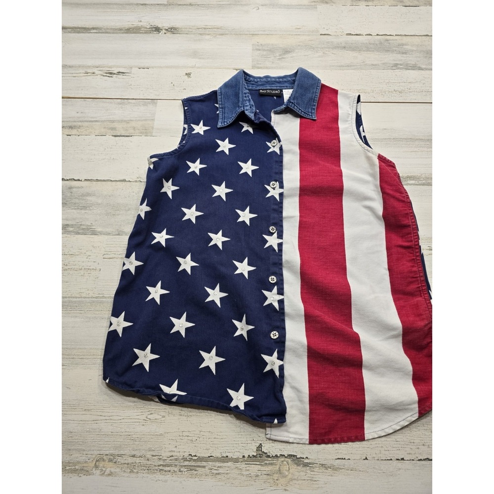 Bay Studio American Flag Sleeveless Button Down Shirt Stars Stripes Rhinestone S